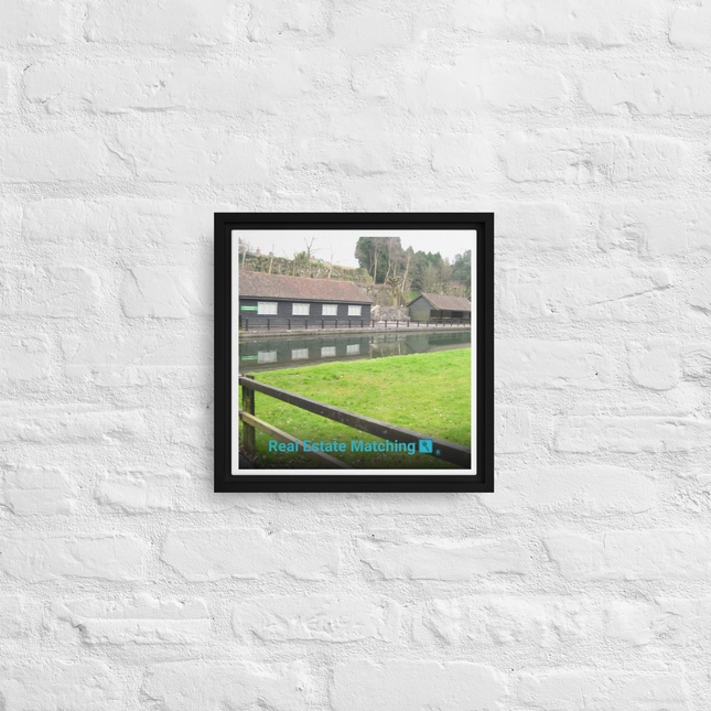 Lakeside Serenity Framed canvas with realestatematching with key Logo