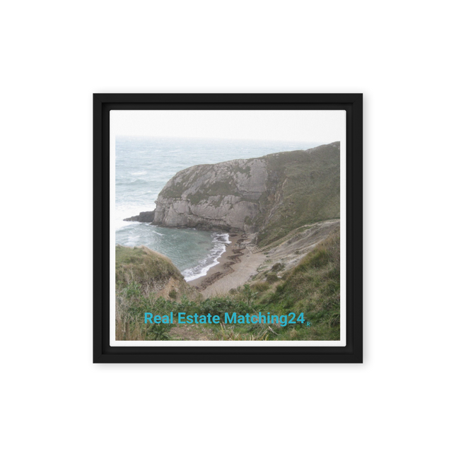 Sea & Hills Framed canvas with realestatematching24 without key Logo