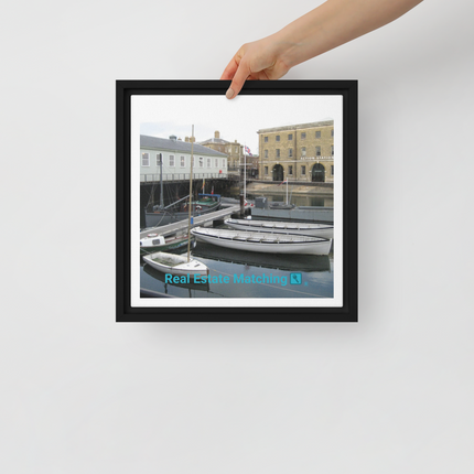 Boat on Water Framed canvas with realestatematching with key Logo