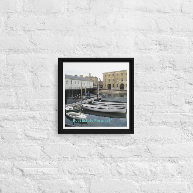 Boat on Water Framed canvas with realestatepartner24 with house Logo