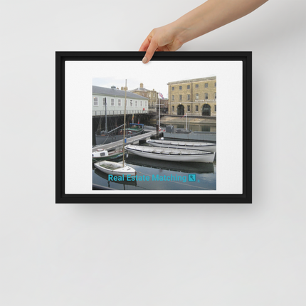 Boat on Water Framed canvas with realestatematching with key Logo