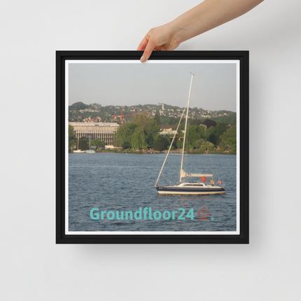 Boat on the River Framed canvas with Groundfloor24 with House Logo