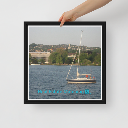 Boat on the River Framed canvas with realestatematching with key Logo