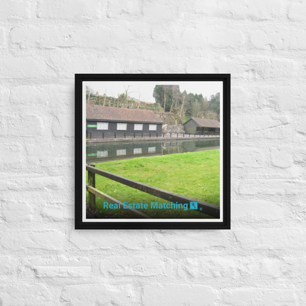 Lakeside Serenity Framed canvas with realestatematching with key Logo