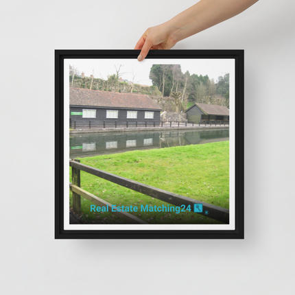 Lakeside Serenity Framed canvas with realestatematching24 with key Logo