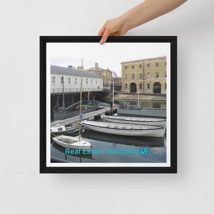 Boat on Water Framed canvas with realestatematching with key Logo