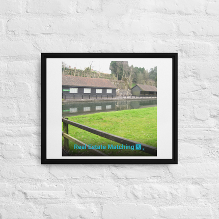 Lakeside Serenity Framed canvas with realestatematching with key Logo