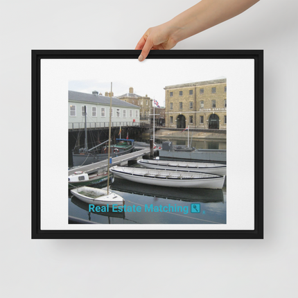 Boat on Water Framed canvas with realestatematching with key Logo