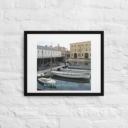 Boat on Water Framed canvas with realestatepartner24 with house Logo