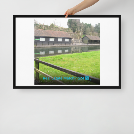 Lakeside Serenity Framed canvas with realestatematching24 with key Logo
