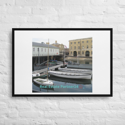 Boat on Water Framed canvas with realestatepartner24 with house Logo