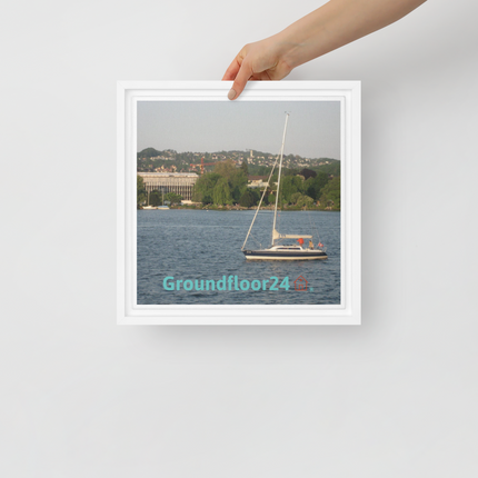 Boat on the River Framed canvas with Groundfloor24 with House Logo