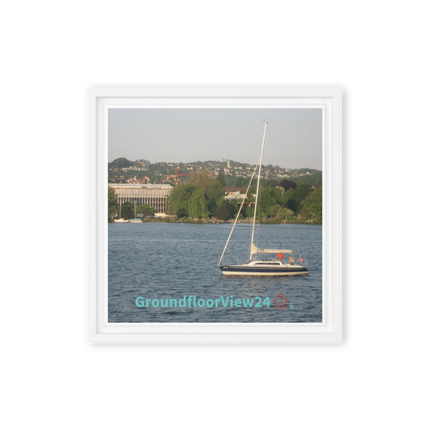 Boat on the River Framed canvas with groundfloorview24 with House Logo