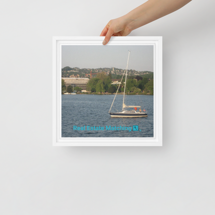 Boat on the River Framed canvas with realestatematching with key Logo