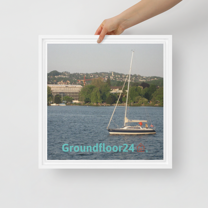 Boat on the River Framed canvas with Groundfloor24 with House Logo