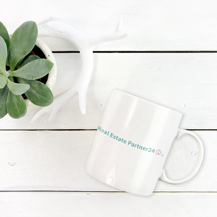 White glossy mug with Real Estate Partner24 Logo