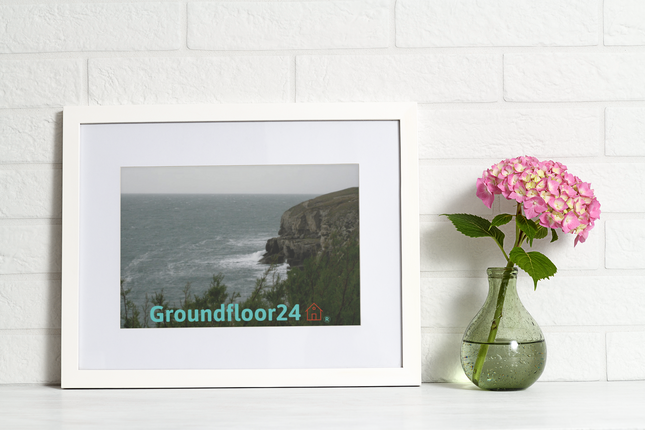 Seaside Serenity Framed canvas with Groundfloor24 with House Logo