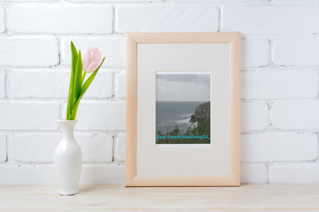 Seaside Serenity Framed canvas with realestatematching24 without key Logo