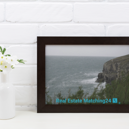 Seaside Serenity Framed canvas with realestatematching24 with key Logo