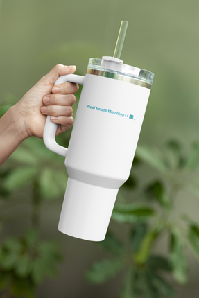 Travel mug with a handle with Real Estate Matching24 Logo