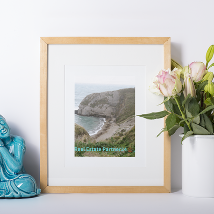 Sea & Hills Framed canvas with realestatepartner24 with house Logo
