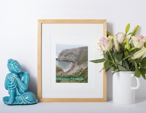 Sea & Hills Framed canvas with realestatepartner24 with house Logo