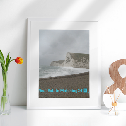 Waves and Sand Framed poster with realestatematching24 with key Logo