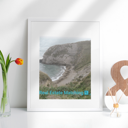 Sea & Hills Framed canvas with realestatematching with key Logo