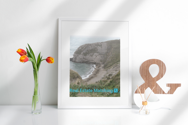 Sea & Hills Framed canvas with realestatematching with key Logo