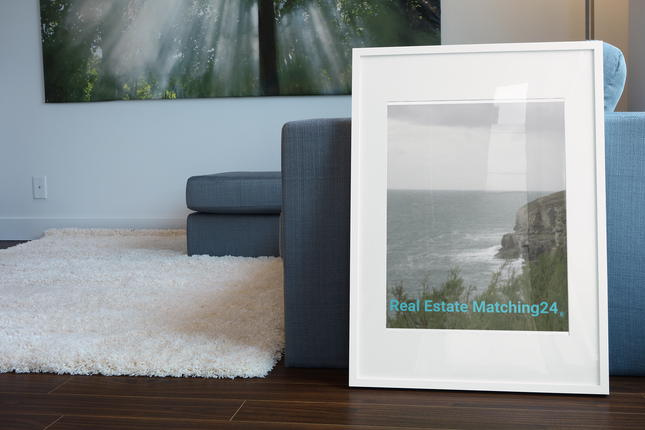 Seaside Serenity Framed poster with realestatematching24 without key Logo