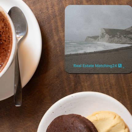 Waves and Sand Cork-back coaster with realestatematching24 with key Logo