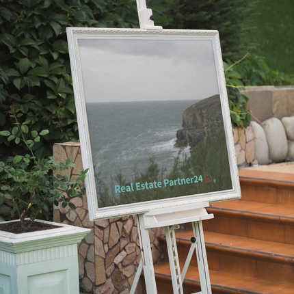 Seaside Serenity Thin canvas with realestatepartner24 with house Logo