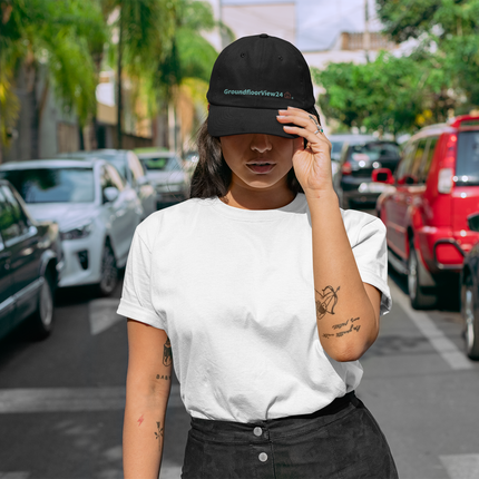 Austria Distressed Dad Hat GroundfloorView24 with 3 Logos.