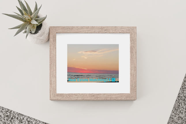 Sunset Sinari Framed poster with Real Estate Matching24 Logo