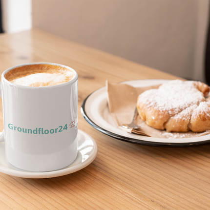 White glossy mug with Groundfloor24 Logo