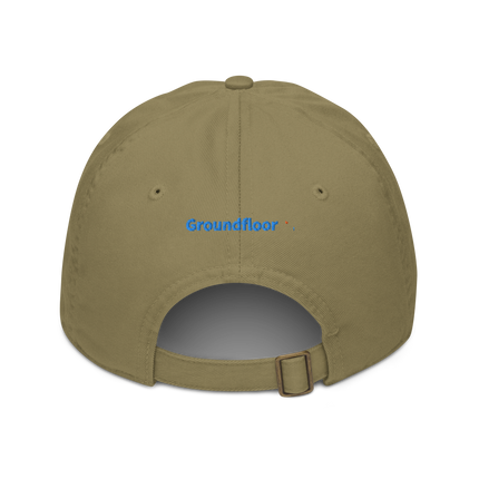 Latvia Organic dad hat Groundfloor with 3 Logos.