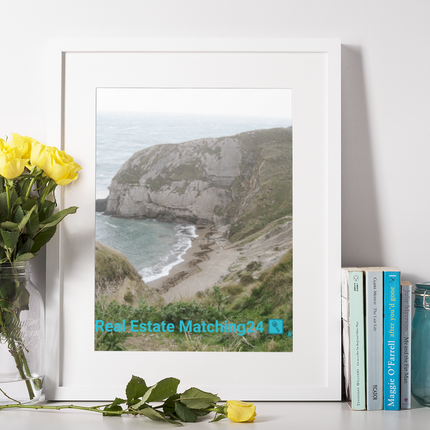 Sea & Hills Framed canvas with realestatematching24 with key Logo