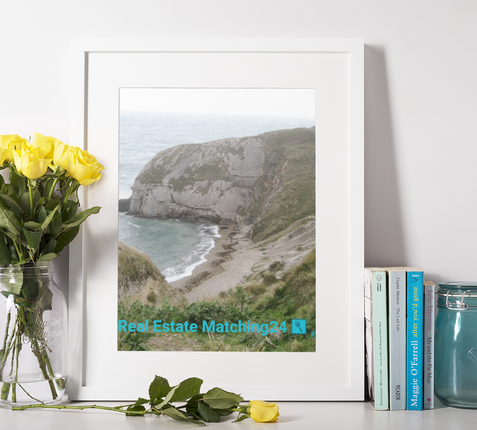 Sea & Hills Framed canvas with realestatematching24 with key Logo
