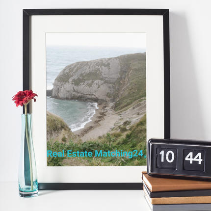 Sea & Hills Framed canvas with realestatematching24 without key Logo