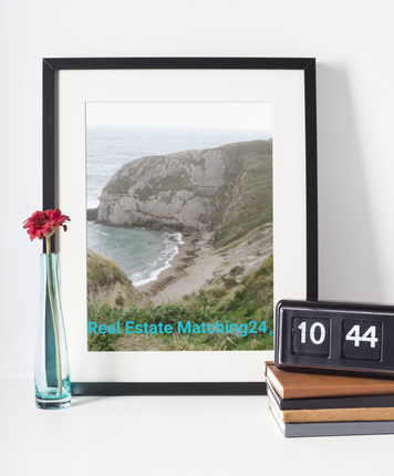 Sea & Hills Framed canvas with realestatematching24 without key Logo