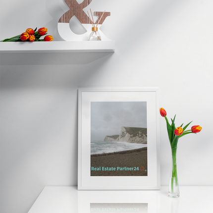 Waves and Sand Framed poster with realestatepartner24 with house Logo