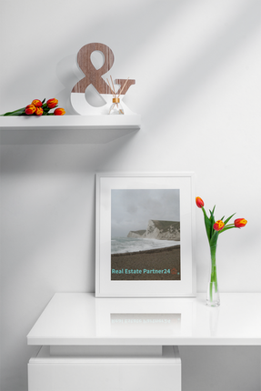 Waves and Sand Framed poster with realestatepartner24 with house Logo