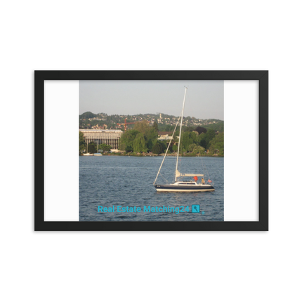 Boat on the River Framed photo paper poster with realestatematching24 with key Logo
