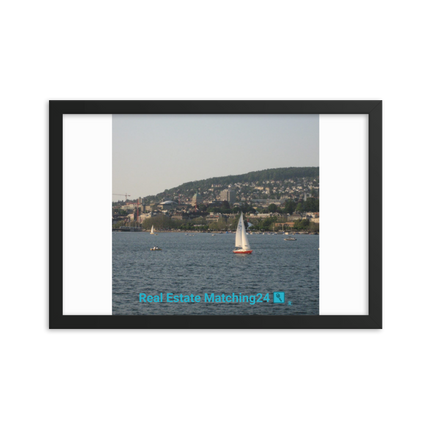 Beautiful River & Hills Sinari Framed photo paper poster with realestatematching24 with key Logo
