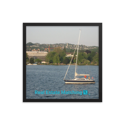 Boat on the River Framed photo paper poster with realestatematching with key Logo
