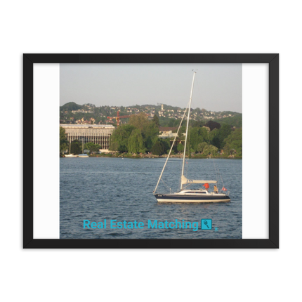 Boat on the River Framed photo paper poster with realestatematching with key Logo