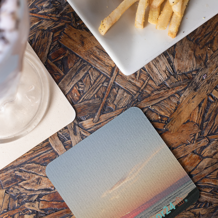 Sunset Sinari Cork-back coaster with Groundfloor24 Logo