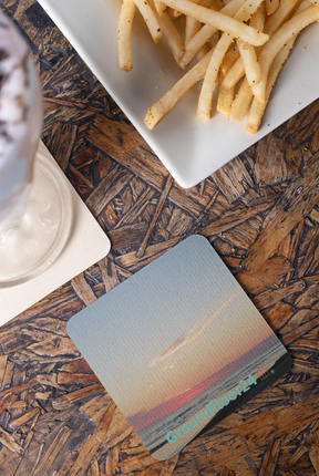 Sunset Sinari Cork-back coaster with Groundfloor24 Logo