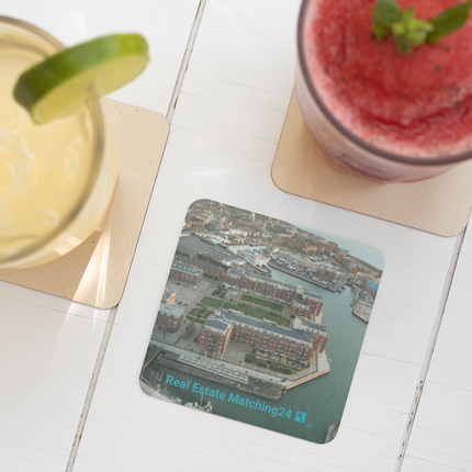 Nice City Cork-back coaster with realestatematching24 with key Logo