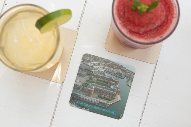 Nice City Cork-back coaster with realestatematching24 with key Logo